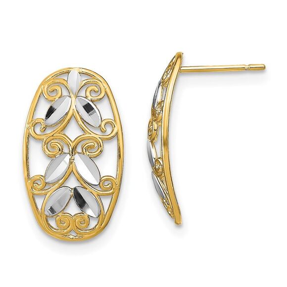 Kazi Luxury 14k Yellow Gold w/Rhodium Oval D/C Filigree Post Dangle Earrings